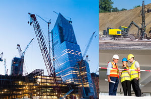 Collage of high rises under construction, workers, and heavy vehicles